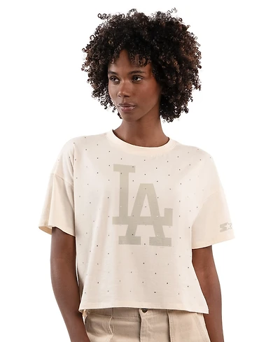 Starter Women's Cream Los Angeles Dodgers Rhinestone Sprinkle Boxy Cropped T-Shirt