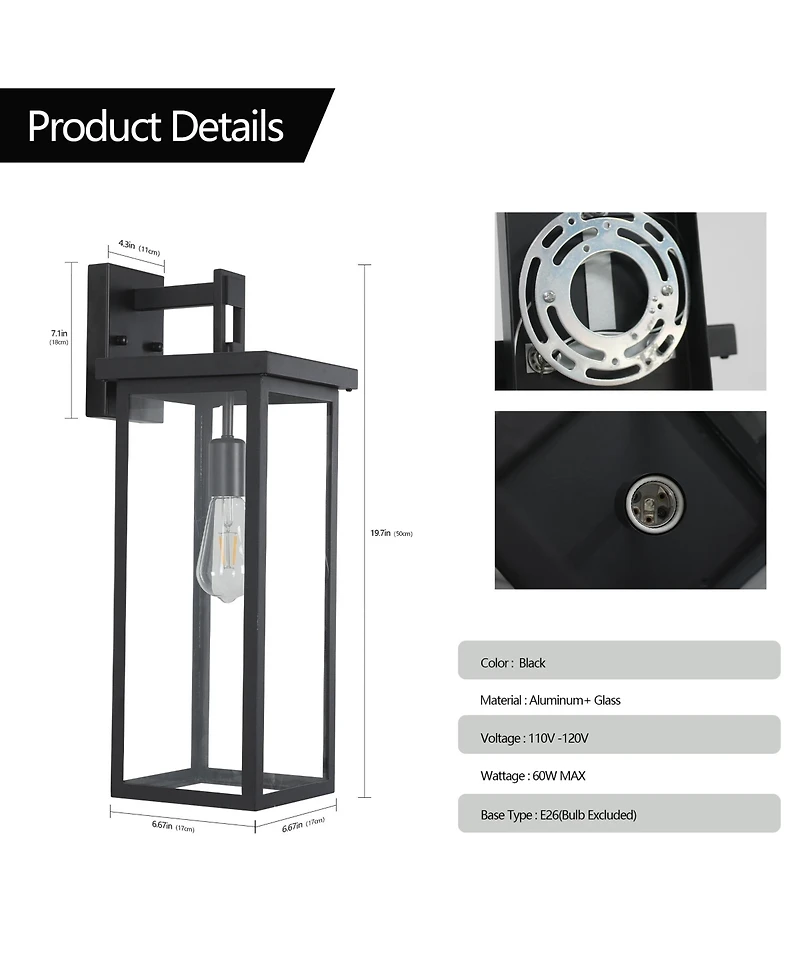 Busdays 2 Pack 20 Inch Modern Outdoor Wall Lantern Black Metal Clear Glass Weatherproof Sconce for Porch Garage Entryway E26 Bulb Compatible No Bulbs