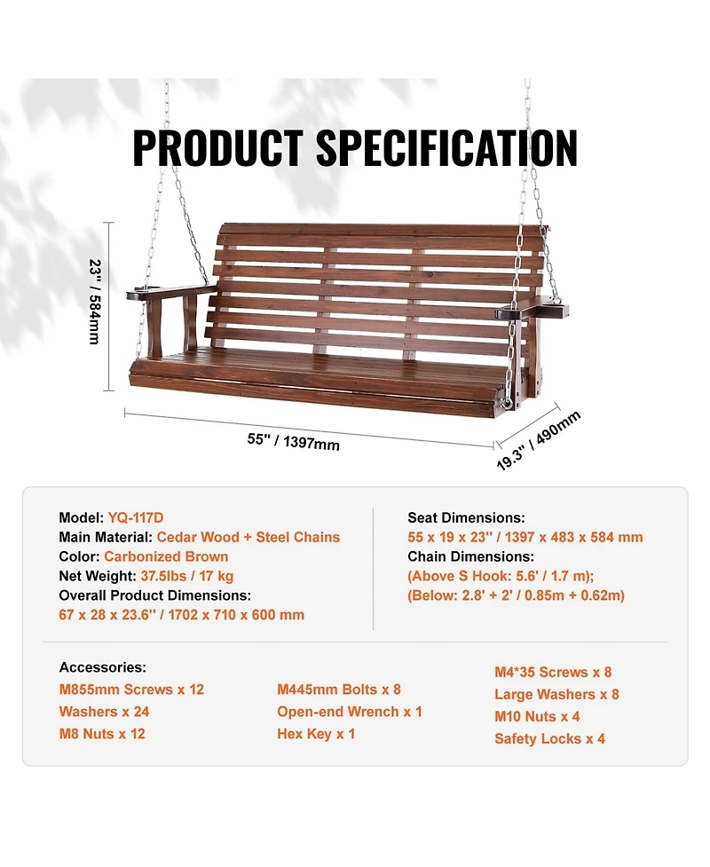 Cozito Wooden Porch Swing 5.5 feet with Cup Holders, Steel Chains and Cedar Wood Seat