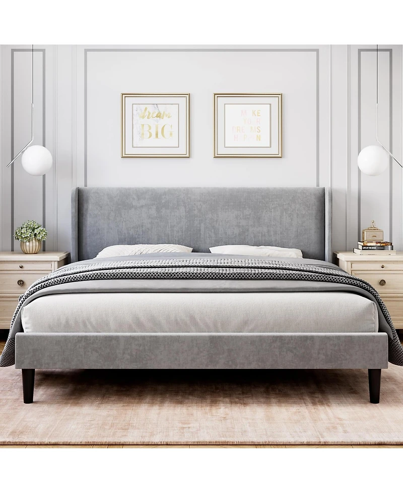 homfan Upholstered Platform Bed Frame with Wingback Headboard, 2 Storage Pockets, Wood Slat Support