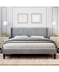 homfan Upholstered Platform Bed Frame with Wingback Headboard, 2 Storage Pockets, Wood Slat Support