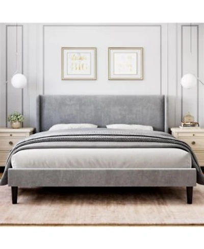 Homfan Upholstered Platform Bed Frame With Wingback Headboard 2 Storage Pockets Wood Slat Support Box Spring Not Required