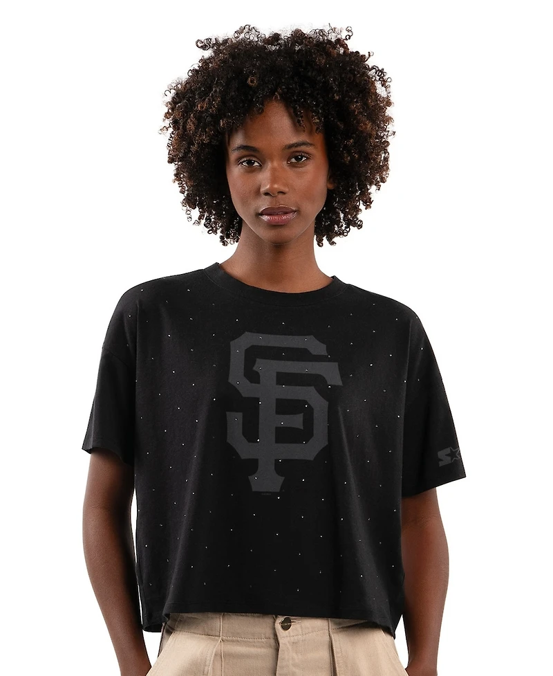 Starter Women's Black San Francisco Giants Rhinestone Sprinkle Boxy Cropped T-Shirt