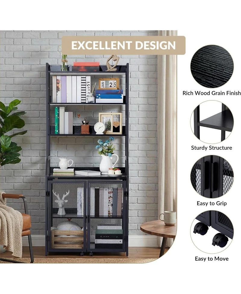 gaomon Industrial Bookshelf with Cabinet - Wooden Display Shelf and Metal Frame, Floorstanding Storage Shelving Unit for Bedroom, Living Room
