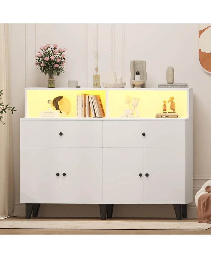 gaomon 6-Drawer Sideboard with Shelves, Mid-Century Modern Buffet Cabinet, Wooden Legs, for Dining Room and Kitchen