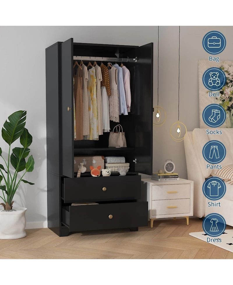 gaomon 71 Inch Wood Armoire Wardrobe Closet, 2 Doors, 1 Adjustable Shelf, Drawers, Hanging Rod, for Bedroom