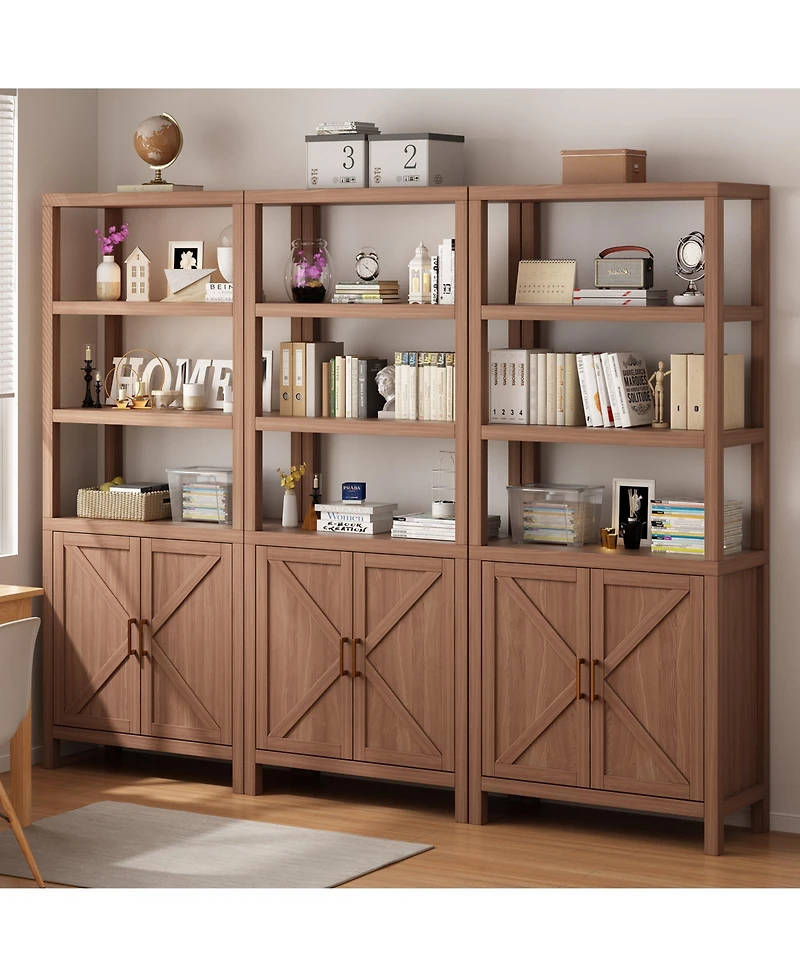 homfan Semi-Open 5-Tier Bookcase with X-Shaped Cabinet Door, Freestanding Bookshelf with Shelves for Living Room Home Office