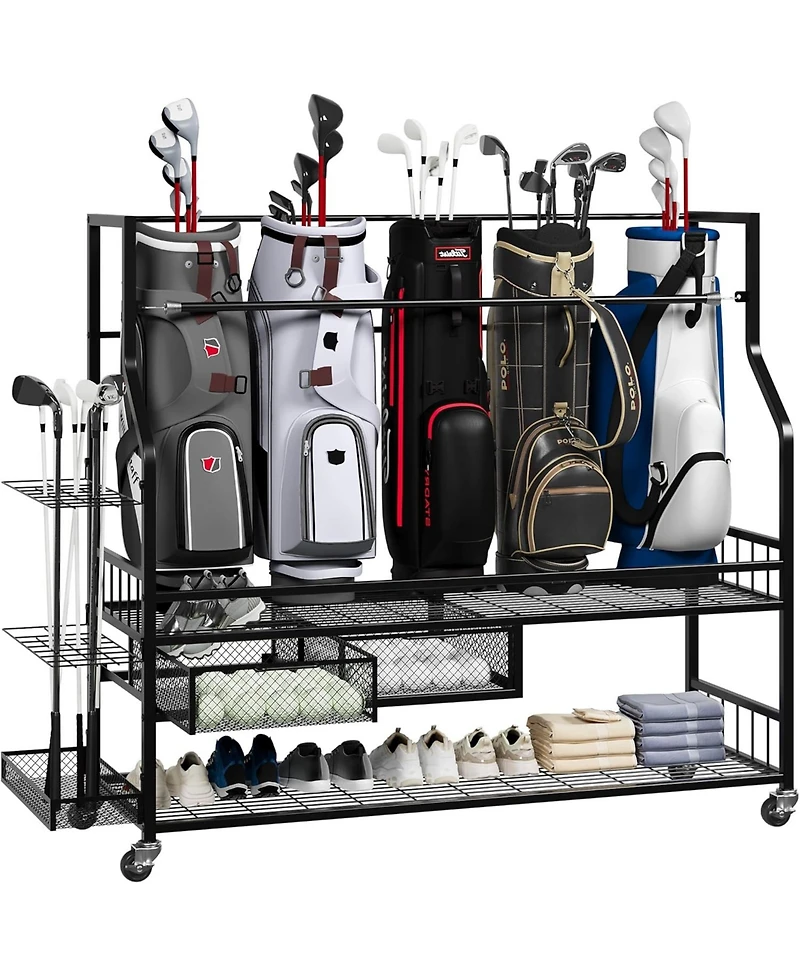 Xo Golf Bag Storage Rack with Drawer and Wheels, Heavy Duty Golf Organizer for Clubs, Balls, Shoes, Garage Storage Stand