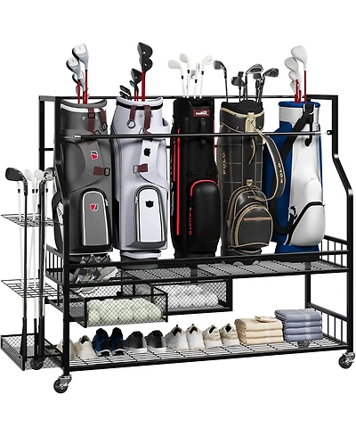 Xo Golf Bag Storage Rack with Drawer and Wheels, Heavy Duty Golf Organizer for Clubs, Balls, Shoes, Garage Storage Stand