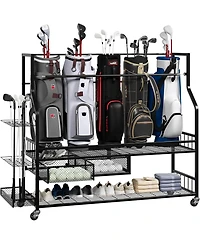 Xo Golf Bag Storage Rack with Drawer and Wheels, Heavy Duty Golf Organizer for Clubs, Balls, Shoes, Garage Storage Stand