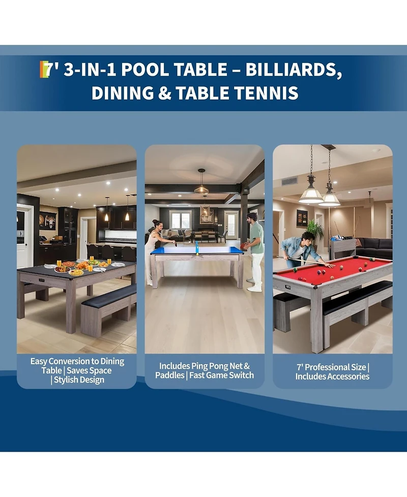 Xo 7FT 3-in-1 Pool Table Dining Combo, Convertible Billiard Table with Table Tennis Top, Multi-Game Table for Family Room