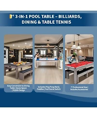 Xo 7FT 3-in-1 Pool Table Dining Combo, Convertible Billiard Table with Table Tennis Top, Multi-Game Table for Family Room