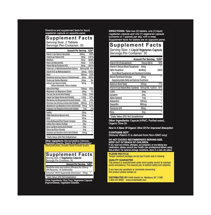 InviteHealth Performance Multivitamin 30 Day VitaPak Regimen 2 Tablets, 1 Vegetarian Capsule and 1 Vegetarian Liquid Capsule per VitaPak