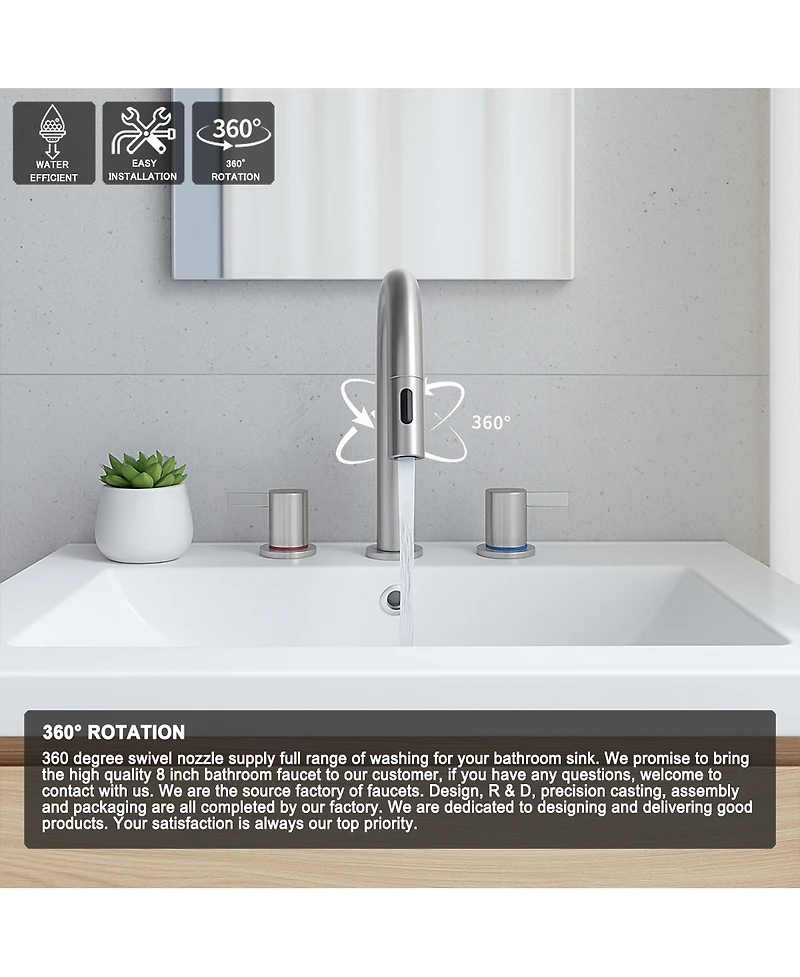 Phying 8-Inch Widespread Lavatory Faucet, 2-Handle 3-Hole with Pop-Up Drain and 360degree(s) Pull-Down Sprayer, Brushed Nickel