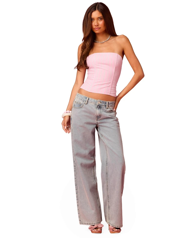 Edikted Womens Embroidered Barbie Low Rise Baggy Jeans