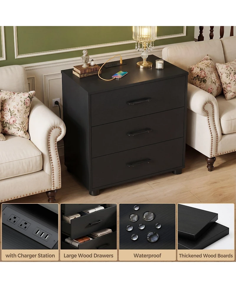 Aheaplus Wooden Nightstands with 3-Drawers, Stackable Dresser Charging Station, End Table