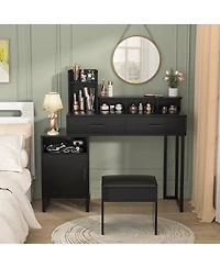 Aheaplus Vanity Desk with Charging Station, Makeup Table Storage Drawers, Cabinet, Shelves
