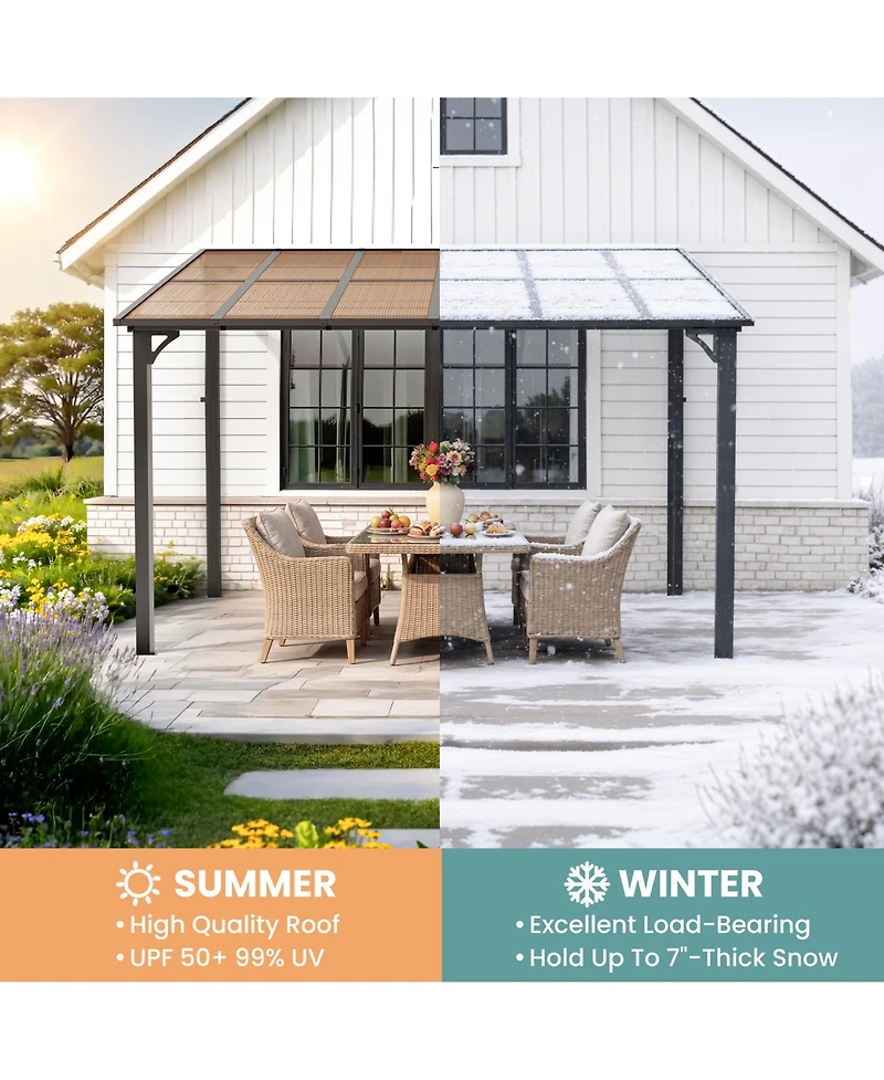 Pamapic Wall Mounted Hardtop Gazebo, Lean-to Patio Awning with Aluminum Frame and Uv-Resistant Polycarbonate Roof