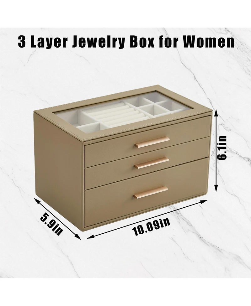 gaomon 3-Tier Jewelry Box with Glass Lid, 3 Drawers, Pearl Velvet Lining, Pu Leather, for Dresser and Vanity