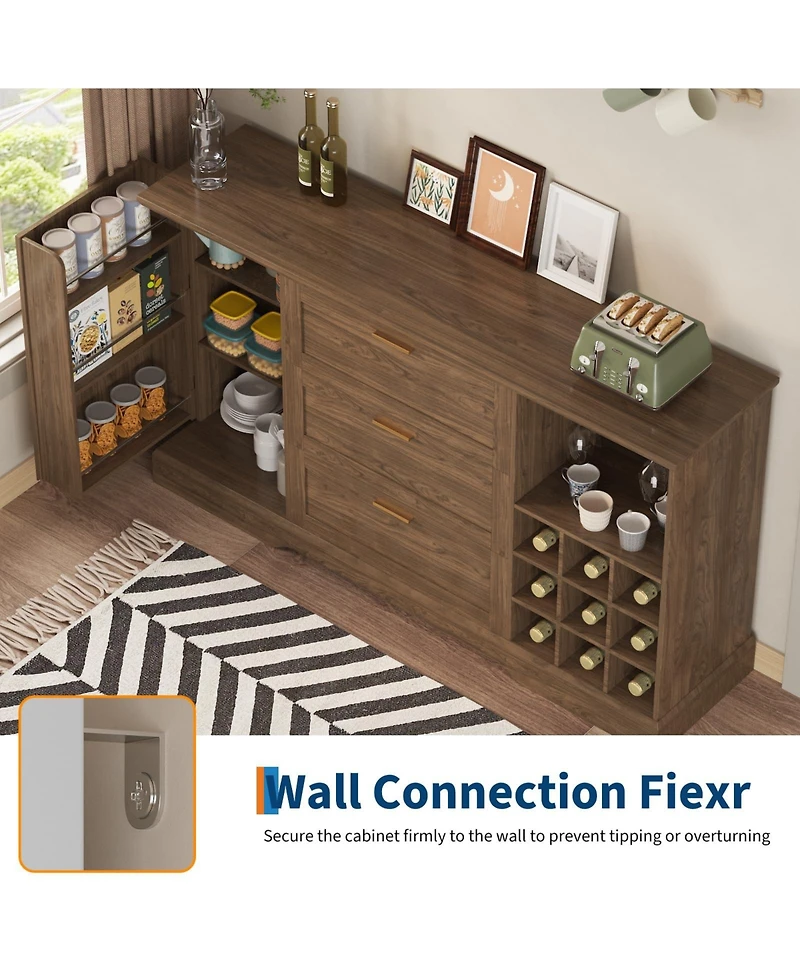 gaomon 63 Inch Farmhouse Sideboard with Wine Racks, Mdf Buffet Cabinet, Drawer and Adjustable Shelves, for Kitchen Dining Room