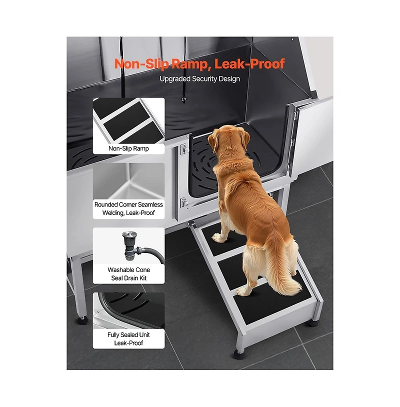 Ruie 50 inch Stainless Steel Dog Bathtub with Ramp Pe Filter Board and Showerhead Right