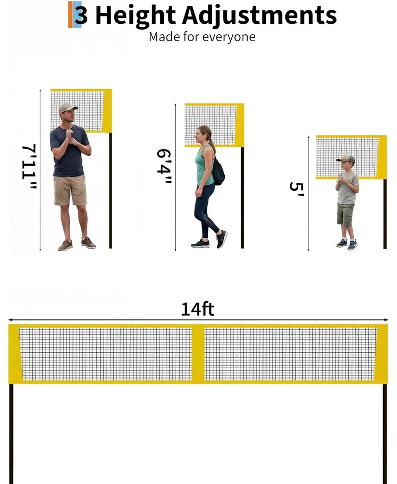 Xo 14FT Portable Volleyball Net Set, Height Adjustable with Ball Pump and Bag, Backyard Beach Lawn Family Game Kit
