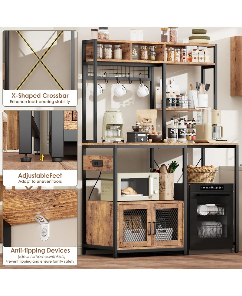 gaomon Industrial Kitchen Bakers Rack with Power Outlet – Microwave Stand with Refrigerator Storage Space, Freestanding Shelf for Pantry Living Room