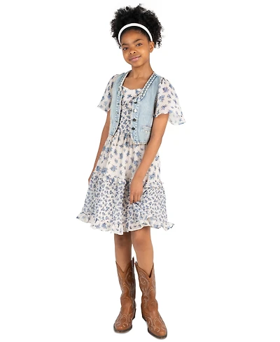 Rare Editions Girls' 2T-6X Denim Vest and Twin Printed Chiffon Dress, 2-Piece Set