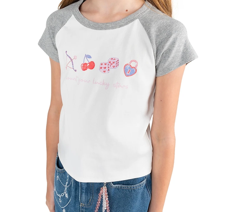 Tween Diva Girls' 7-16 Graphic Raglan T-Shirt and Embroidered Denim Skort, 2-Piece Set
