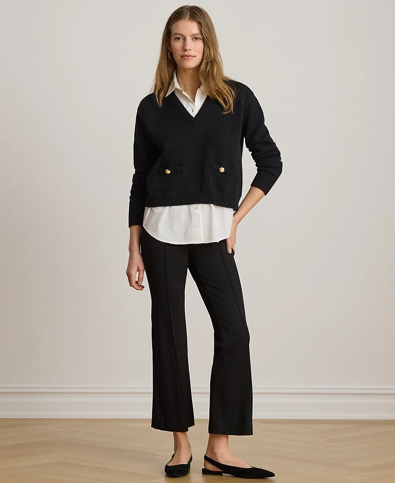 Lauren Ralph Petite Layered Button-Trim Cotton Sweater