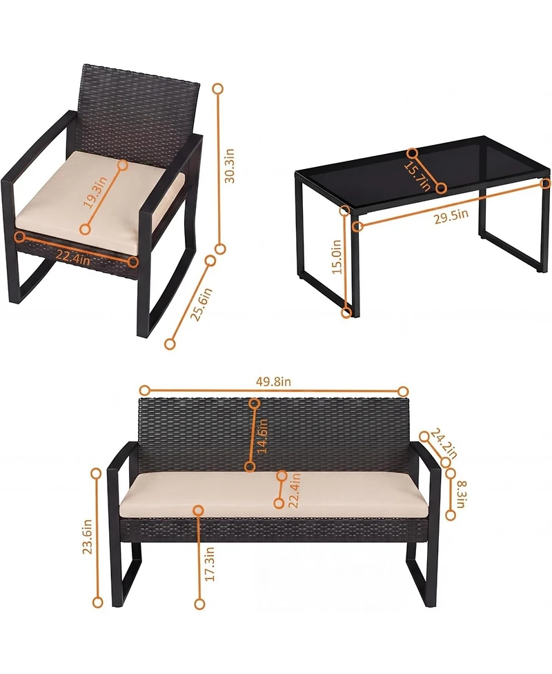 gaomon 4 Piece Pe Rattan Patio Furniture Set Outdoor Rocking Chair Conversation Set with Coffee Table and Soft Cushions All-Weather Wicker