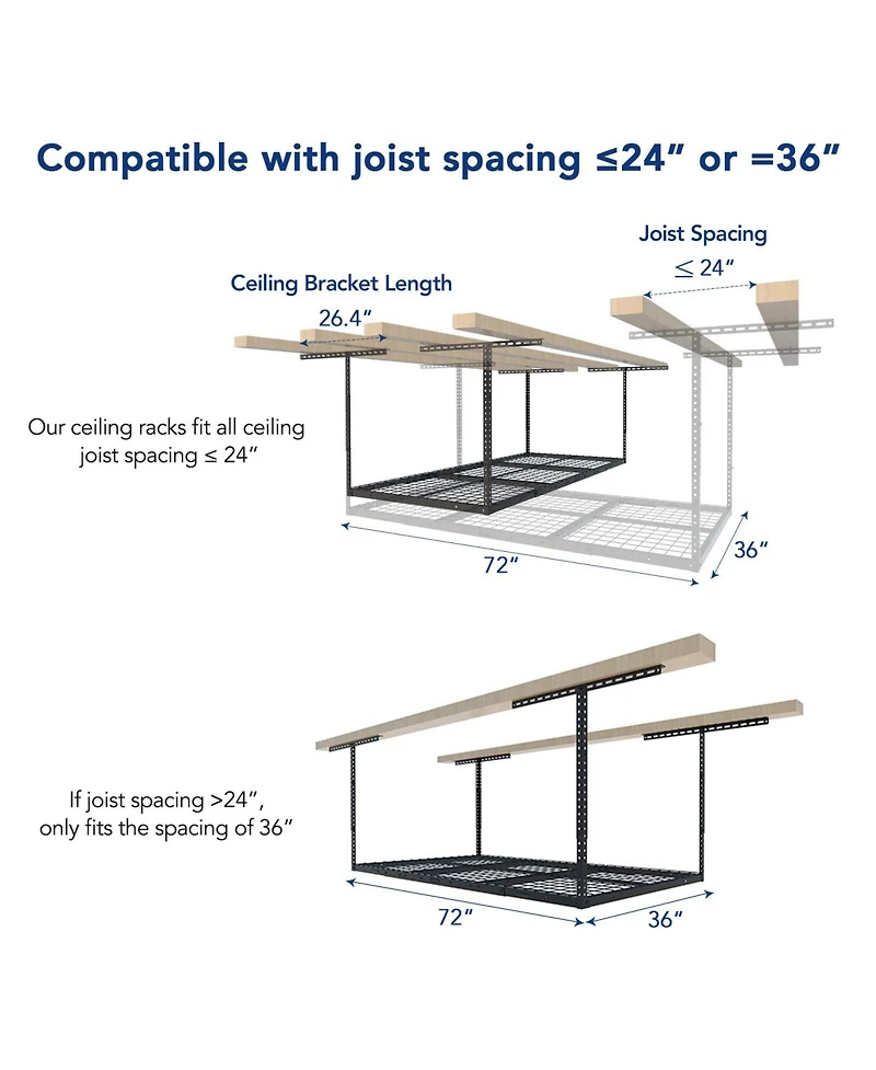 Fleximounts 3x6 Overhead Garage Storage Rack, Heavy-Duty Metal Ceiling Racks, Hammertone, Classic Series