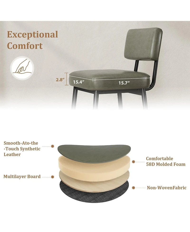 homfan Set of 4 Counter Height Bar Stools, 26 Inch Upholstered Seats with Backrests, Metal Legs, Suitable for Kitchen Island, Home Bar and Dining Room