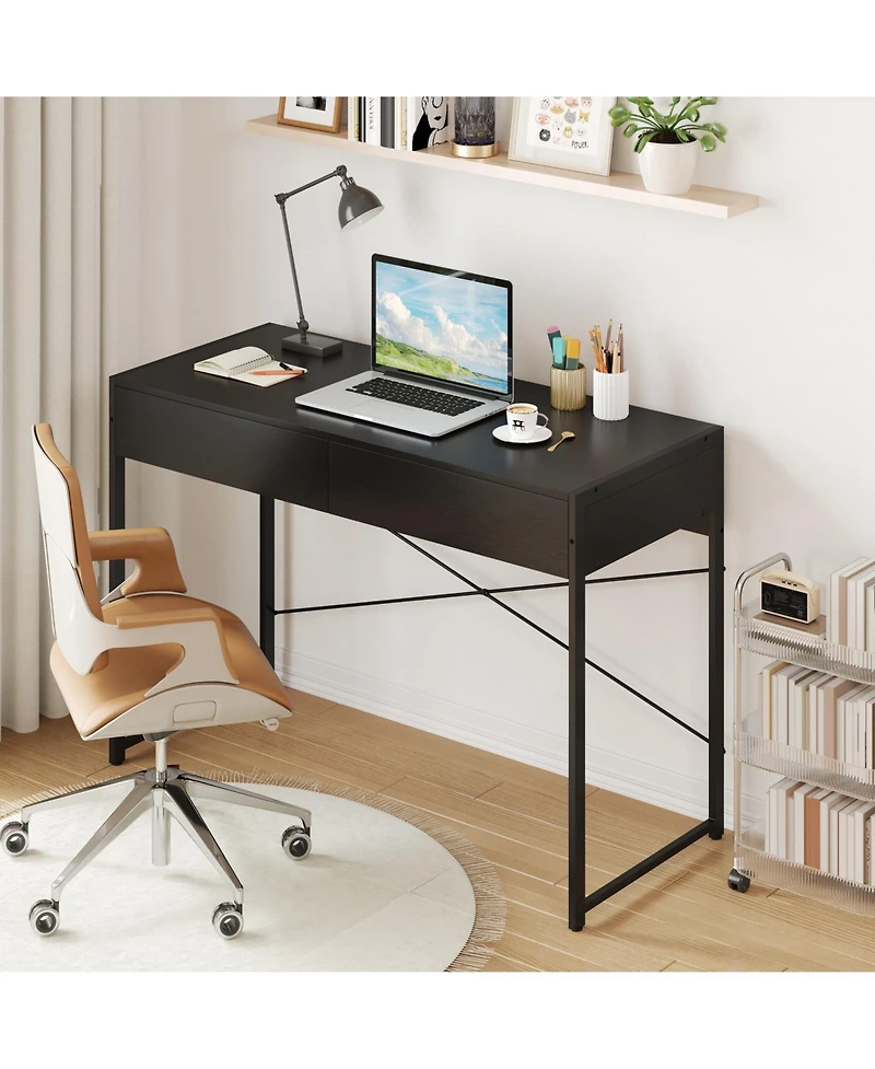 Slickblue Compact Home Office Desk with 2 Drawers and Metal Frame