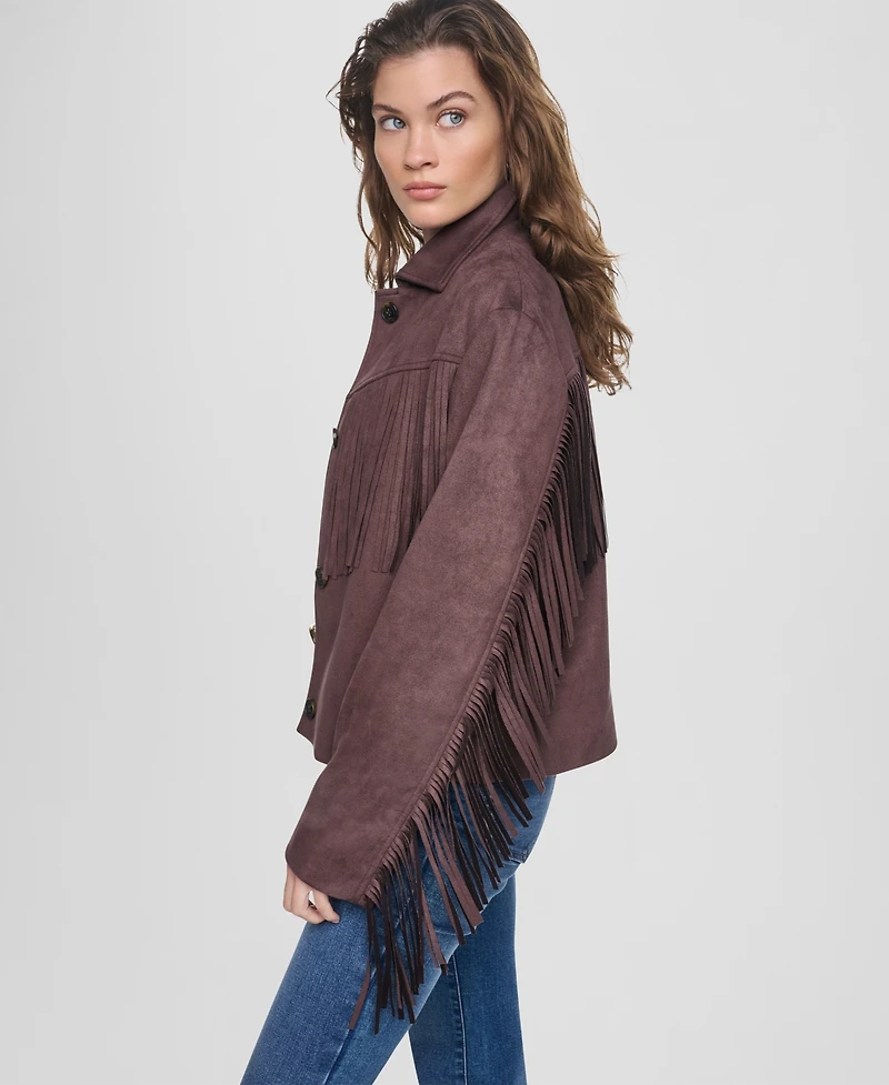 Dkny Jeans Women's Fringe Detail Collared Button-Front Jacket
