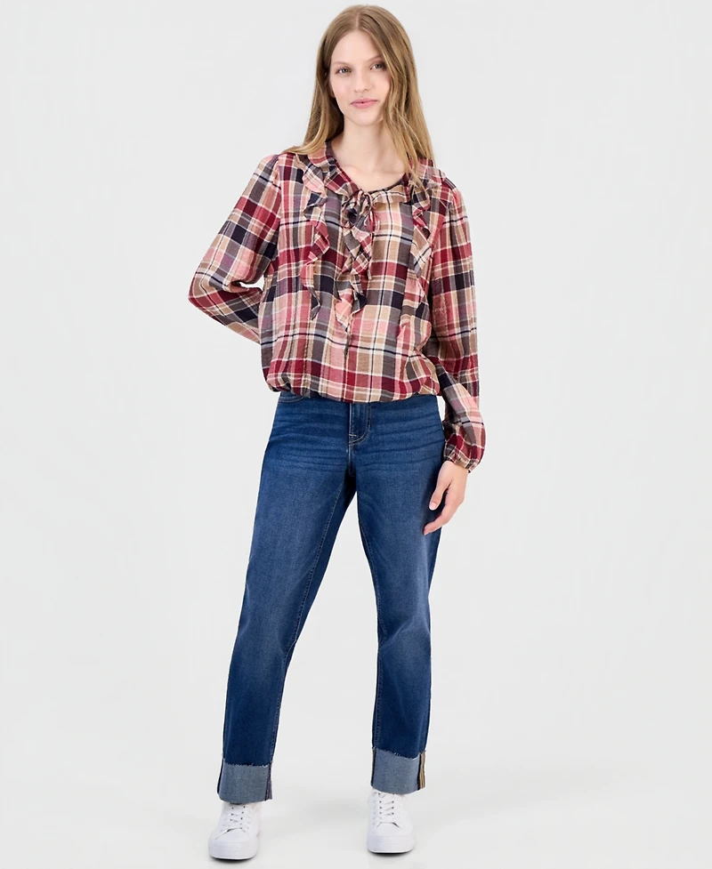 Nautica Women's Ruffled Long-Sleeve Plaid Blouse