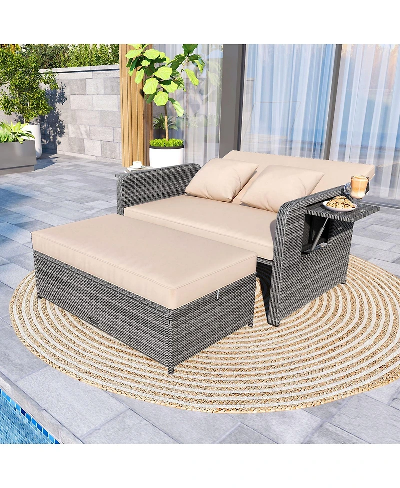 Gymax Rattan Daybed Loveseat Sofa Set with Ottoman and Retractable Side Tray, Patio Furniture