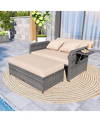 Gymax Rattan Daybed Loveseat Sofa Set with Ottoman and Retractable Side Tray, Patio Furniture
