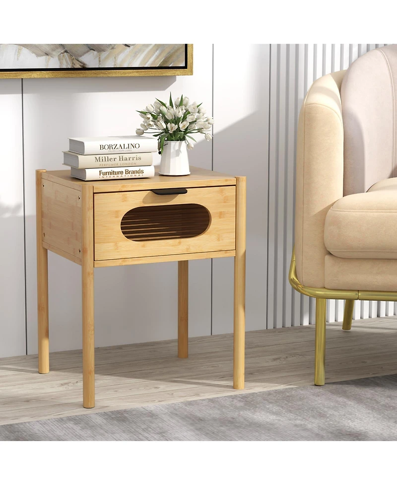 Gymax 2PCS Bamboo Nightstand Farmhouse Bedside Table w/ Tempered Glass Decorated Drawer