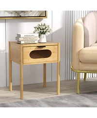 Gymax 2PCS Bamboo Nightstand Farmhouse Bedside Table w/ Tempered Glass Decorated Drawer