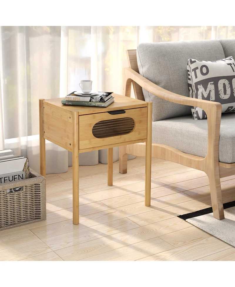 Gymax Bamboo Nightstand Farmhouse Bedside Table w/ Tempered Glass Decorated Drawer