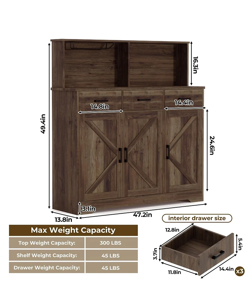homfan 47in Farmhouse Entryway Storage Cabinet with Microwave Stand Adjustable Shelves, 3 Drawers, Barn Door, Wooden Sideboard Buffet for Kitchen