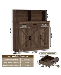 homfan 47in Farmhouse Entryway Storage Cabinet with Microwave Stand Adjustable Shelves, 3 Drawers, Barn Door, Wooden Sideboard Buffet for Kitchen