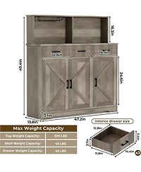homfan 47in Farmhouse Entryway Storage Cabinet with Microwave Stand Adjustable Shelves, 3 Drawers, Barn Door, Wooden Sideboard Buffet for Kitchen