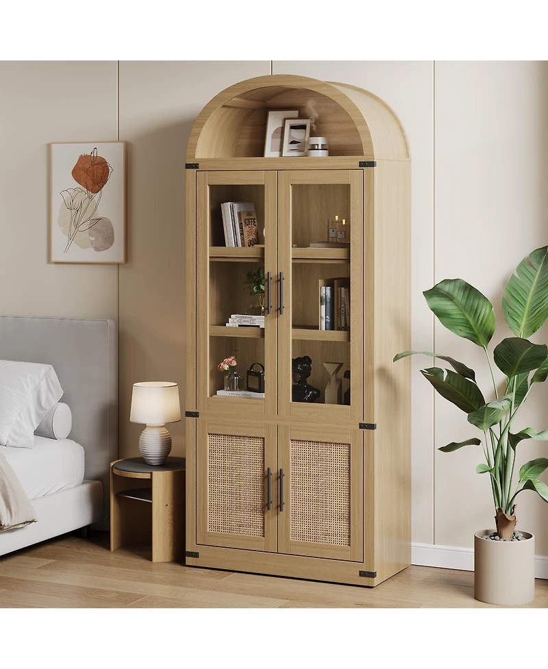 Gaomon 71.6" Farmhouse Arched Bookcase with Glass Doors and Rattan Accents, Tall Wood Storage Cabinet with 4-Tier Display Shelves for Living Room