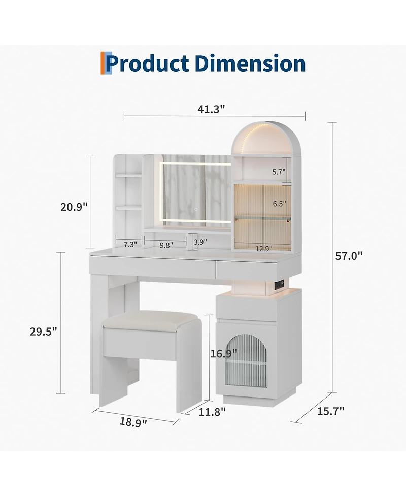 gaomon Vanity Desk with Lighted Mirror, 3 Drawers, 11 Shelves, Stool, Power Outlet, for Bedroom