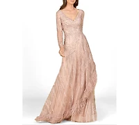 Lara Women's Long Sleeve V-Neck Lace Gown with Feathers