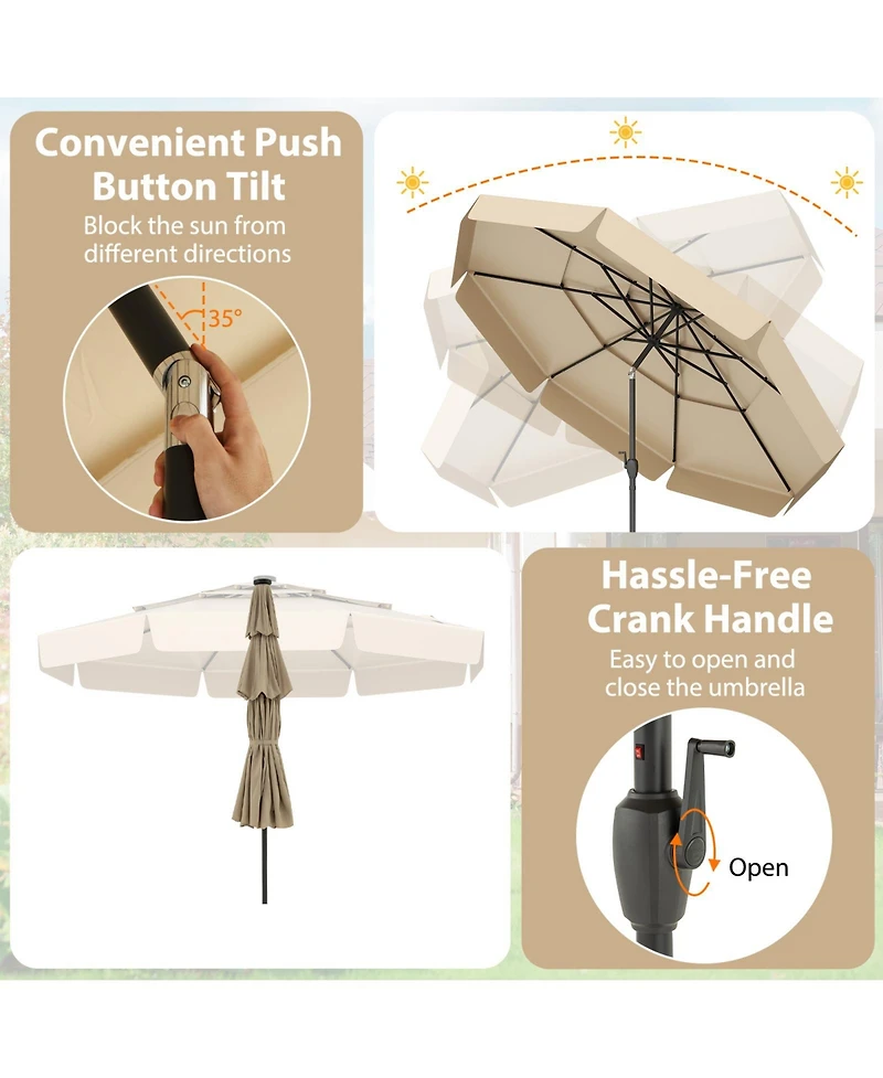Gouun 10 feet Solar Patio Umbrella with 32 Led Lights, 3-Tier Vented Top and Ruffled Edges