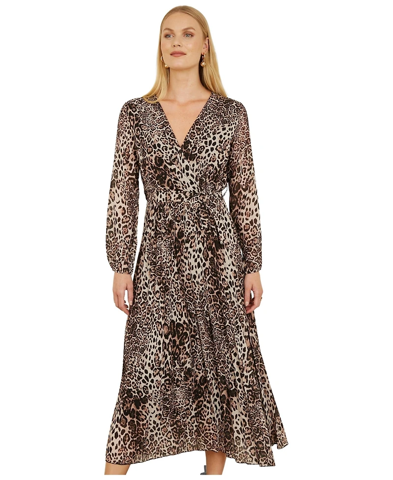 Yumi Women's Leopard Print Long Sleeve Midi Dress
