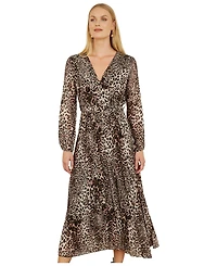 Yumi Women's Leopard Print Long Sleeve Midi Dress